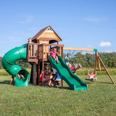 Cedar Cove Outdoor Playground Set w/ Tube Slide, Wave Slide, Elevated Clubhouse, Shaded Playhouse, and Swing Set