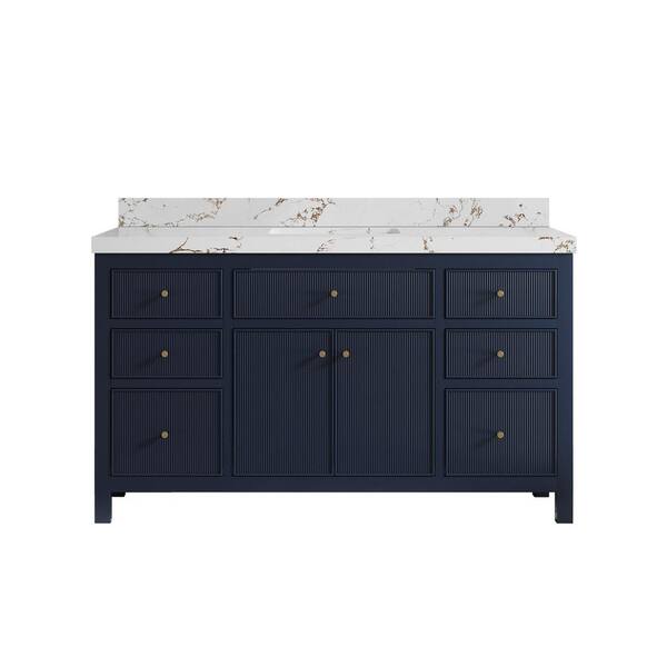 Willow Collections Sonoma 60 in. Single Sink Freestanding Navy Blue Bath Vanity with Viola Brown Quartz Top Unassembled