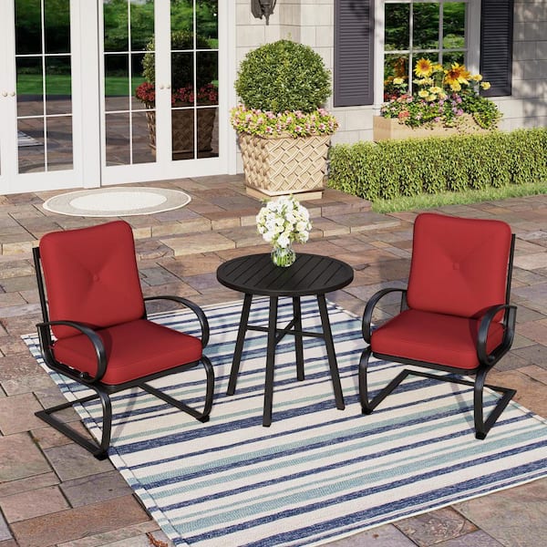 PHI VILLA 3-Piece Metal Patio Conversation Set with Red Cushions