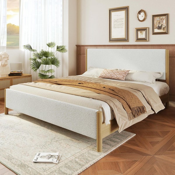 Grace White Boucle Upholstered Bed Wood Frame King Platform Bed with Solid Wood Legs