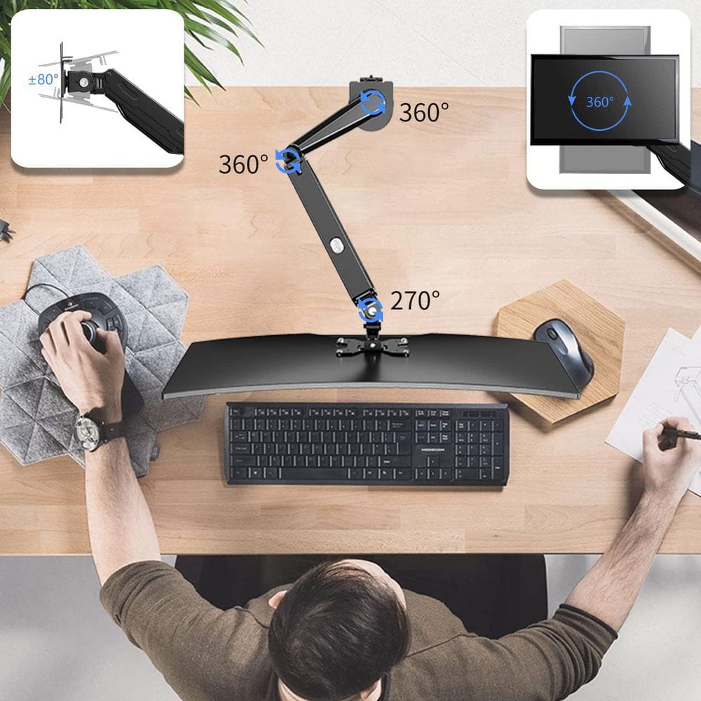 Gas Spring Adjustable Single Monitor Desk Mount 32 Inch Swivel Tilt Rotation Stand Holder VESA Clamp Grommet