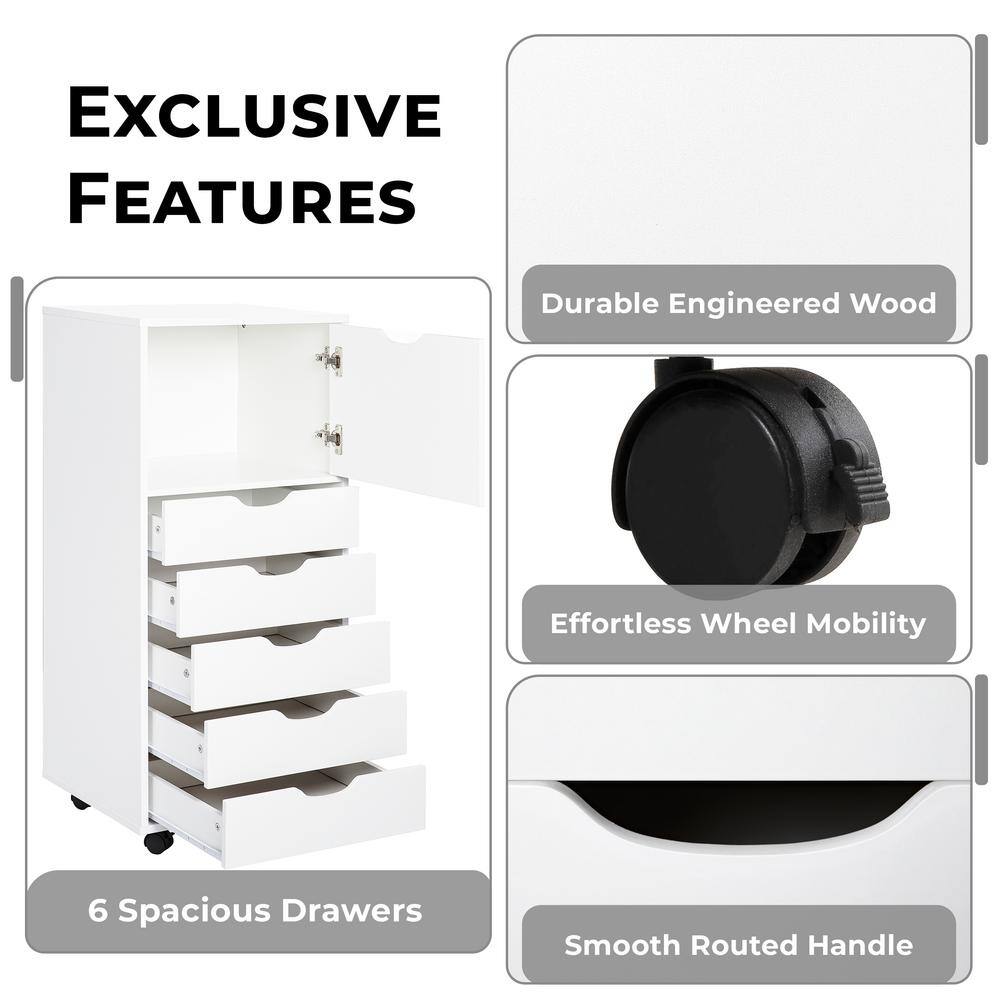 White 6-Drawer Mobile Lateral File Cabinet with Wheels