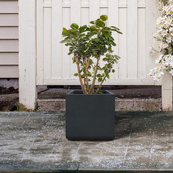 15.75 x 15.75 in. Square Charcoal Lightweight Concrete and Weather Resistant Fiberglass Planter w/Drainage Hole