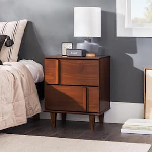 2-Drawer Walnut Wooden Modern Vertical Accent Nightstand