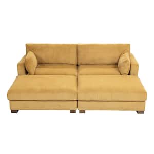 88 in. Modern Square Arm Corduroy Fabric Upholstered Sectional Sofa in. Orange With Two Ottomans And Wood Leg
