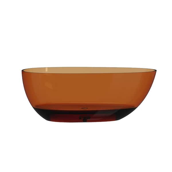 VANITYFUS 59 in. x 30.7 in. Stone Resin Solid Surface Flatbottom Egg Shape Soaking Bathtub with Center Drain in Transparent Coffee
