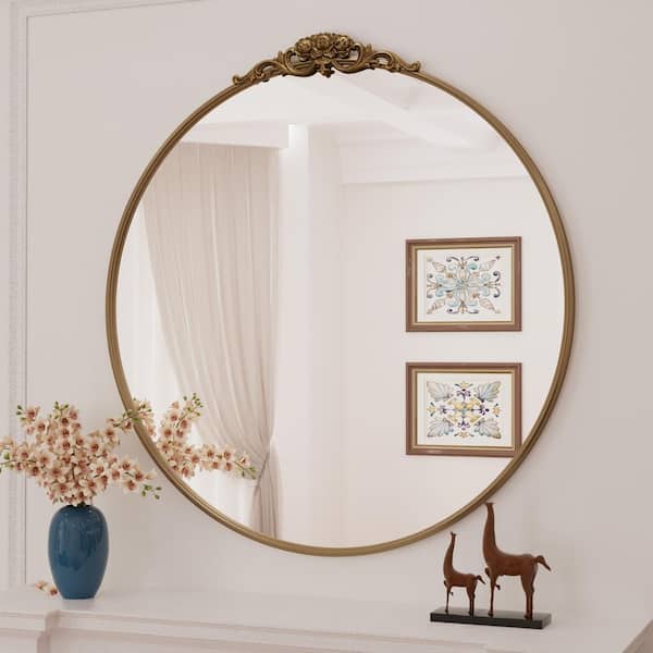 KeonJinn 24 in. H x 24 in. W Round Mirror Arched Vintage Mirror Gold Mirrors Decor Mirror Bathroom Vanity Mirror Over Sink