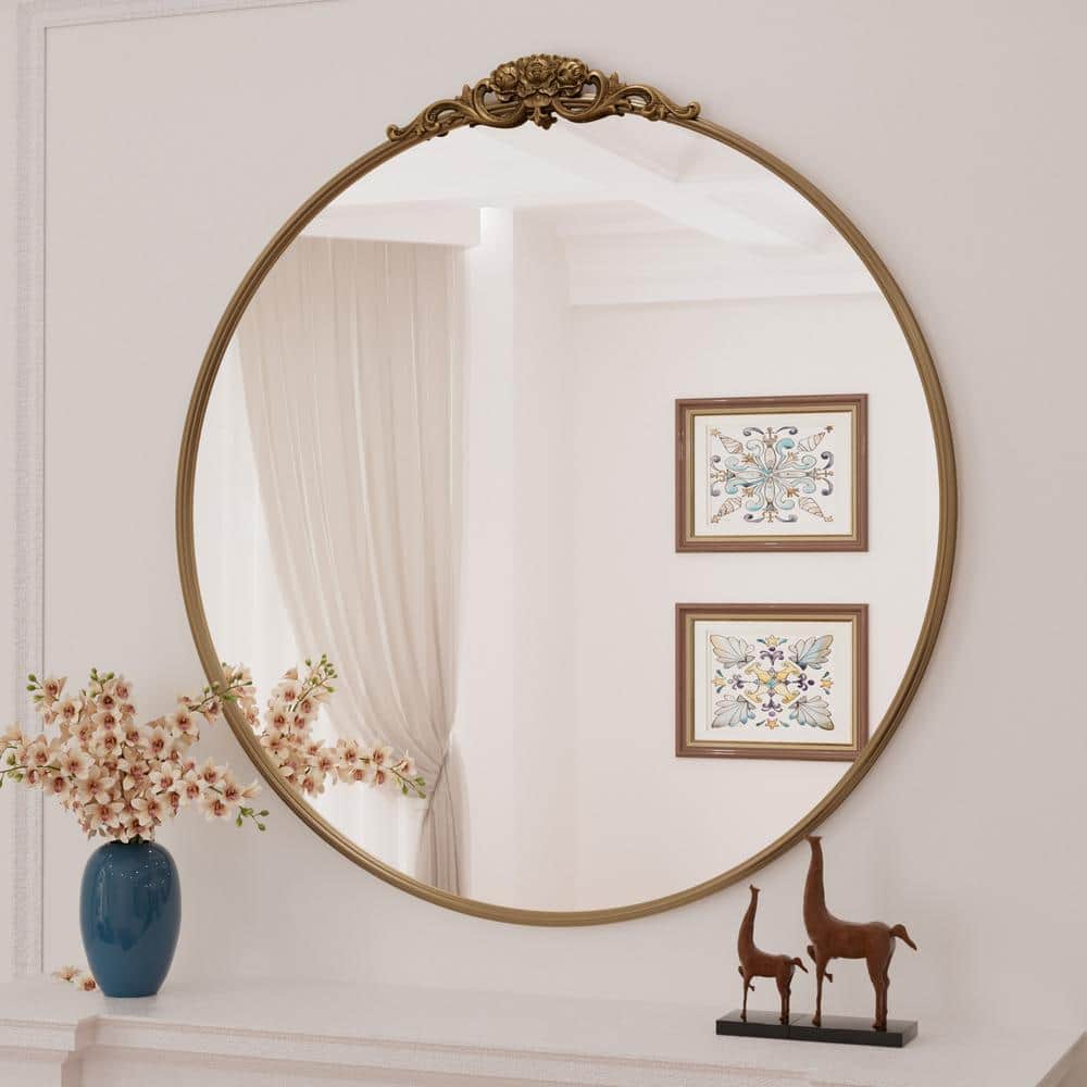36" Round Gold Metal Frame Baroque Wall Mirror