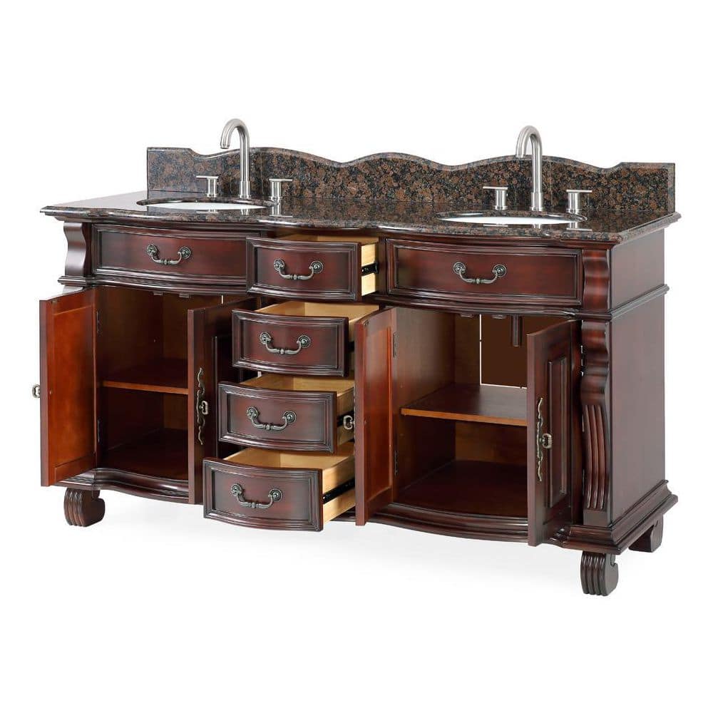 64" Cherry Wood Double Sink Vanity with Baltic Brown Granite Top
