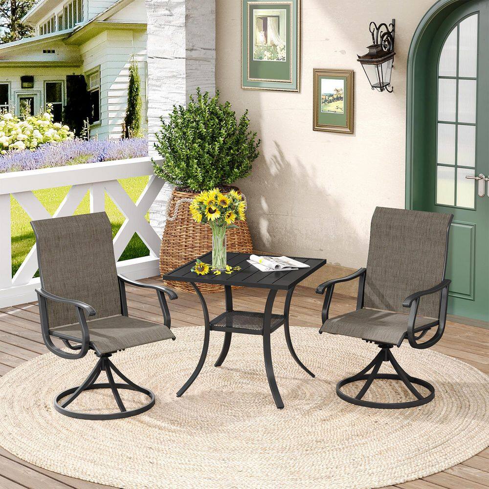 All Weather 3-Piece Metal Outdoor Patio Dining Set with 27.6 in. Black Square Table and 2 Brown Swivel Dining Chairs price history on PriceWatchPro