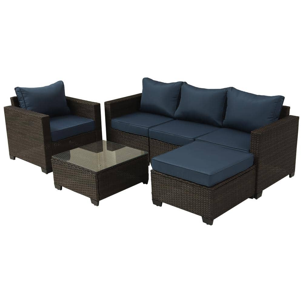 Brown Frame 6-Piece Wicker Outdoor Sofa Sectional Set with Dark Blue Cushio