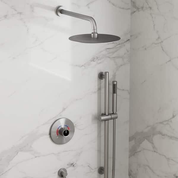 GRANDJOY Dual 2-Spray Wall Mount 10 in. Shower Faucet 2.5 GPM with Pressure Balance, Slide Bar in Brushed Nickel Valve Included