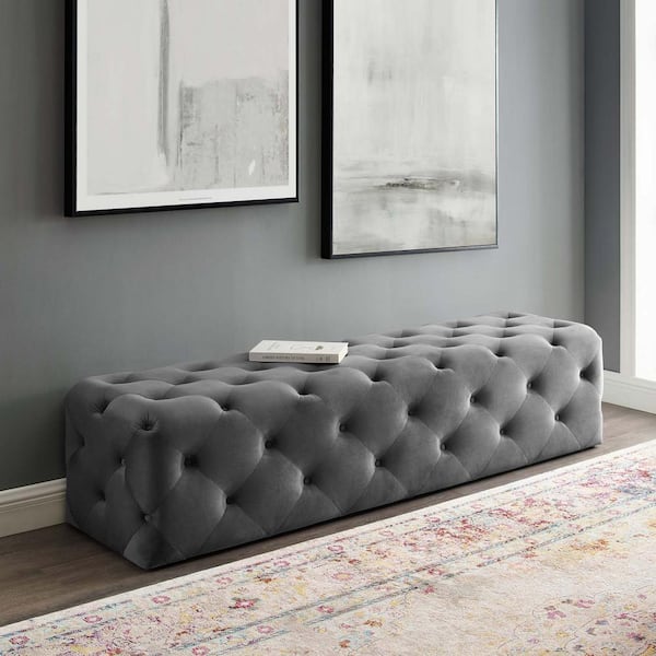 MODWAY Anthem Gray 72 in. Tufted Button Entryway Performance Velvet Bench