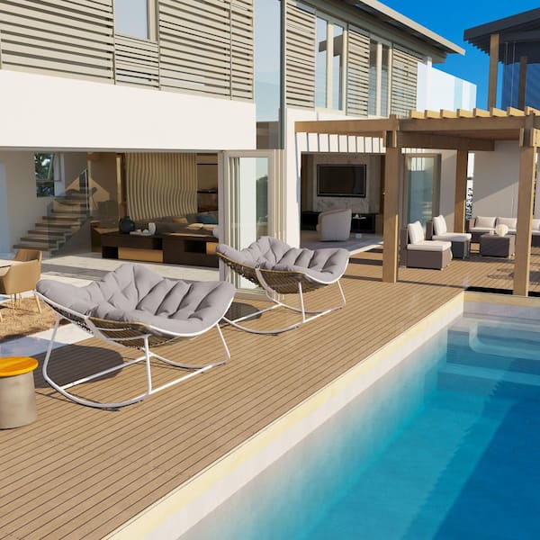 Cesicia Metal Outdoor Rocking Chair White Frame with Light Gray Cushion Water-Resistant For Backyard, Patio, Poolside