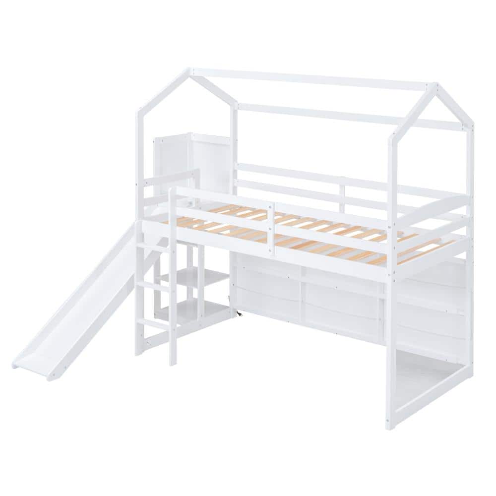 White Twin Wood Loft Bed with Slide,Storage Shelves,Light and Climbing Ramp price history on PriceWatchPro