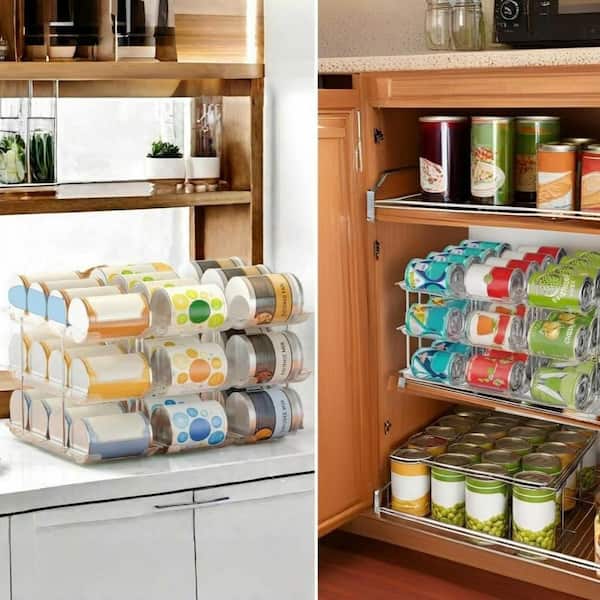 Clear Can Organizer for Pantry with 3 Set Stackable Automatic Rolling 3-Tier Storage Rack for Canned Food