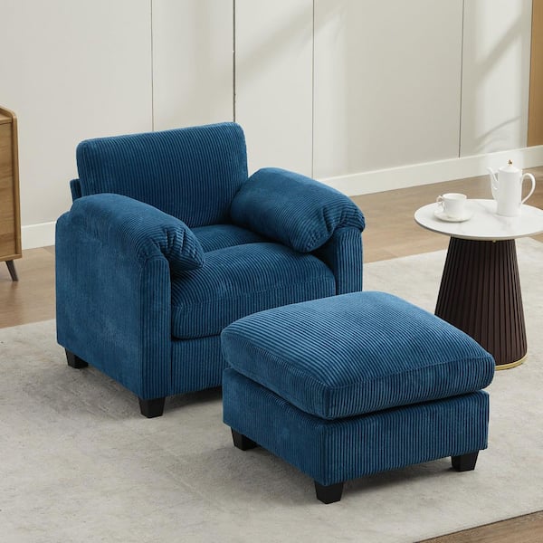 Jearey Modern Navy Corduroy Velvet Accent Armchair with Ottoman for Living Room