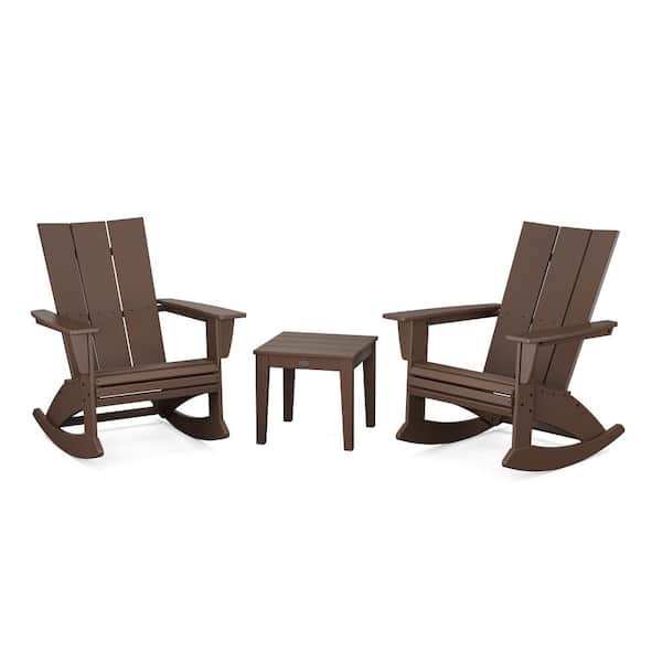 Modern Curveback Adirondack Rocking Chair Mahogany 3-Piece HDPE Plastic Patio Conversation Set