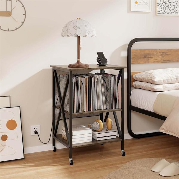 Grey Record Player Stand Vinyl Record Storage Table Holds Up to 120-Vinyl Records