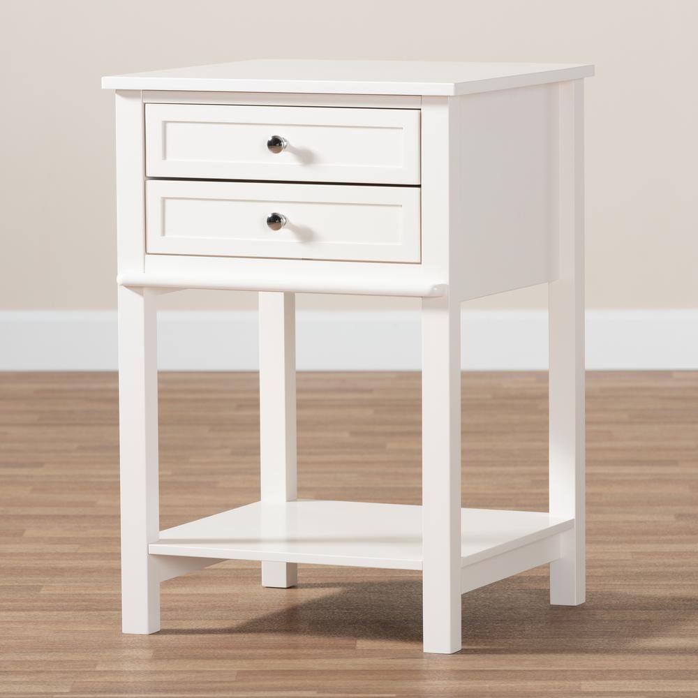 White Wood 2-Drawer Nightstand with Silver Knobs