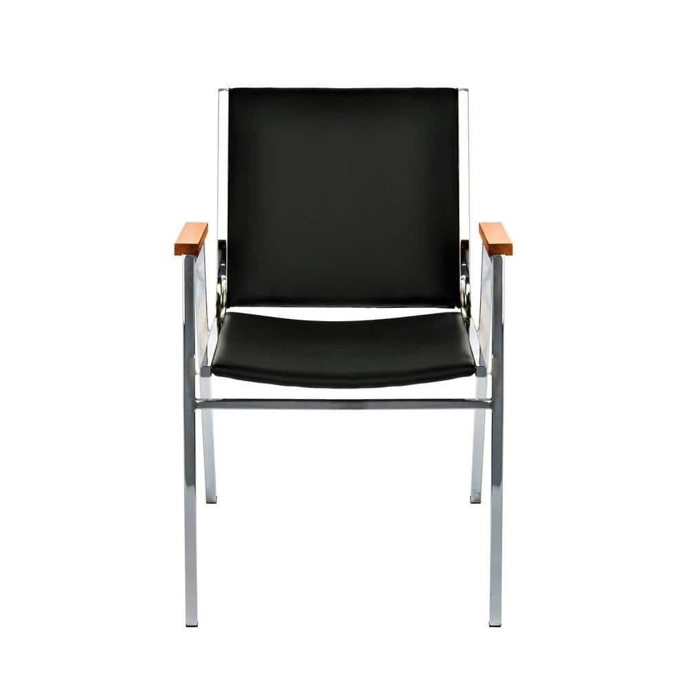 Black Vinyl and Metal Stackable Office Chair with Walnut Armrests