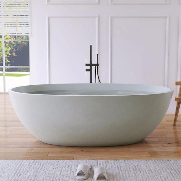 71 in. x 35 in. Terrazzo Stone Solid Surface Flatbottom Freestanding Soaking Bathtub in Gray Green(Outdoor-Compatible)