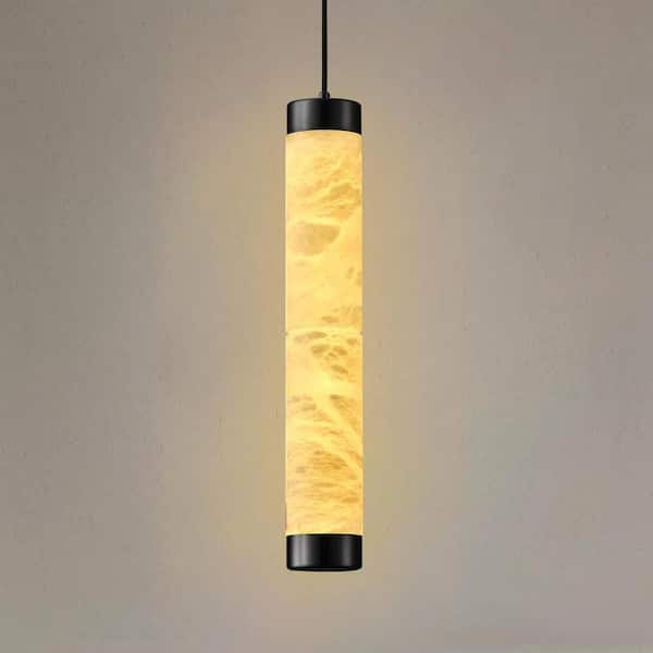 19 in. 1-Light Black Light, Cylinder Natural Alabaster Pendant Light for Dining Room, Kitchen Island (Bulb Included)