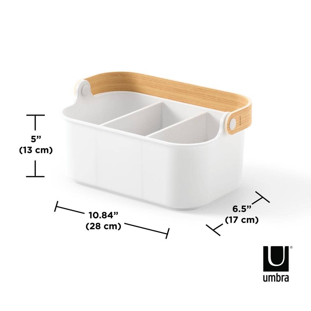 White and Natural Stackable Plastic Organizer Bin with Handle