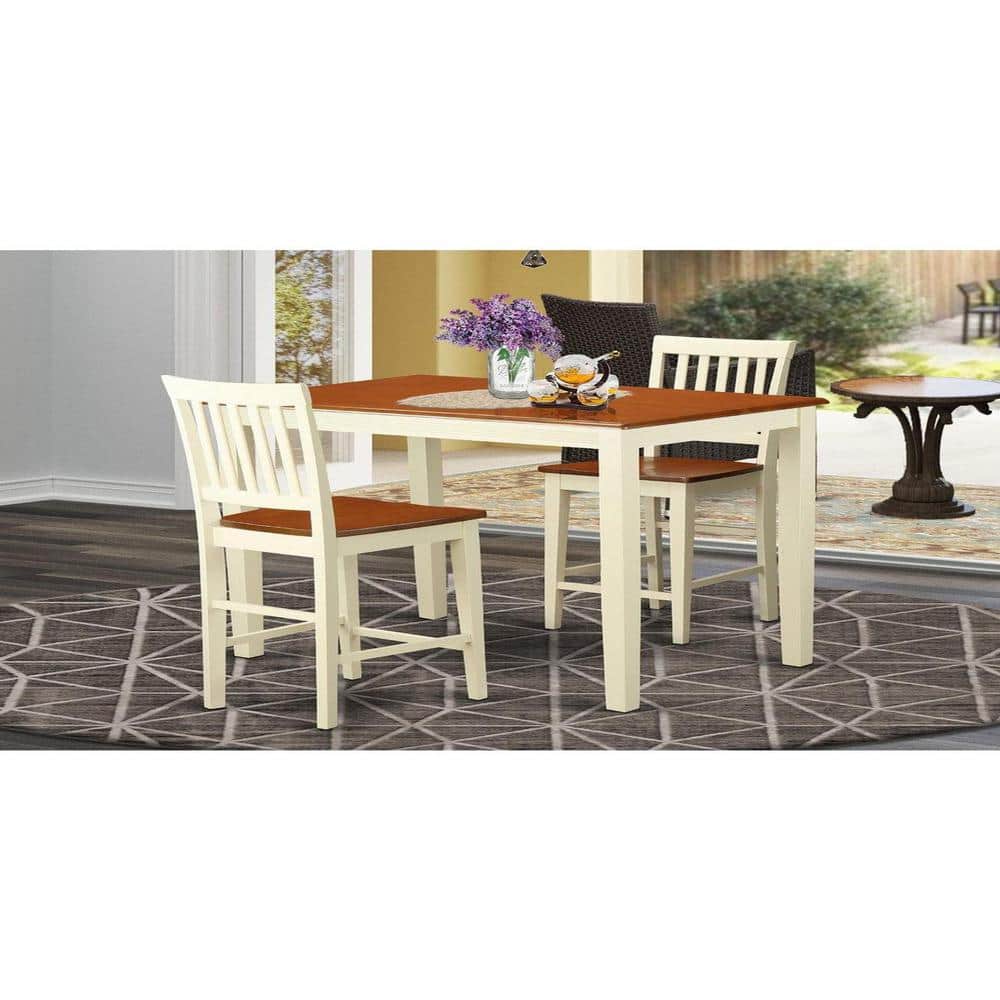 3-Piece White Finish Solid Wood Top Counter Height Dining Table Set