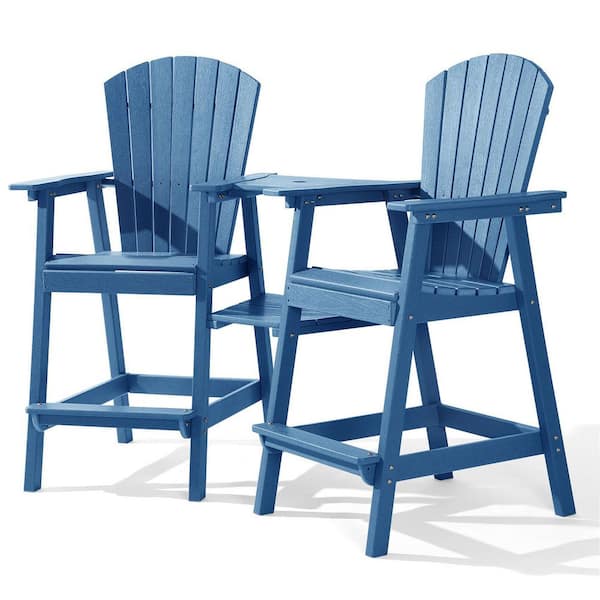 PASAMIC Blue HDPE Tall Adirondack Chair with Removable Double Connecting Trays for Deck, Balcony, Patio (2-Pack)