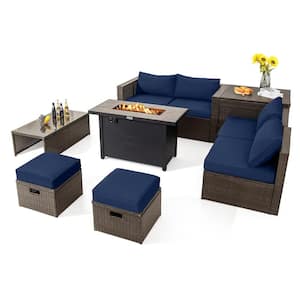 9-Piece PE Wicker Patio Conversation Set with Fire Pit Table Navy Cushions Outdoor Space-Saving Sectional Sofa Set