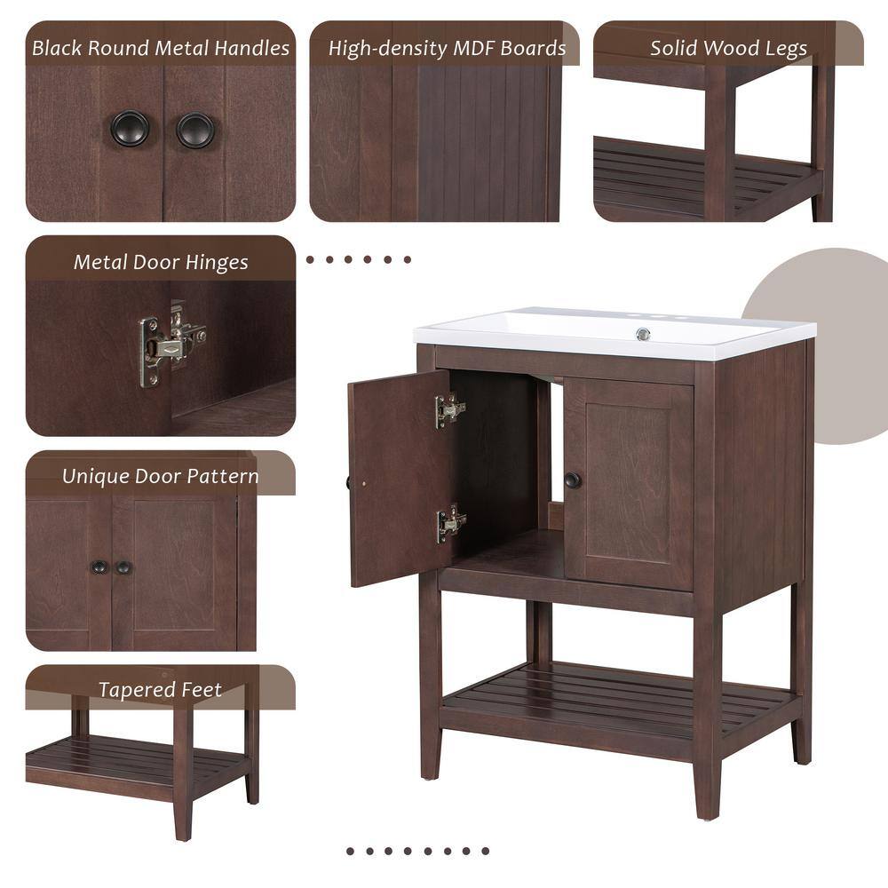 24" Brown Solid Wood Bath Vanity with White Ceramic Sink