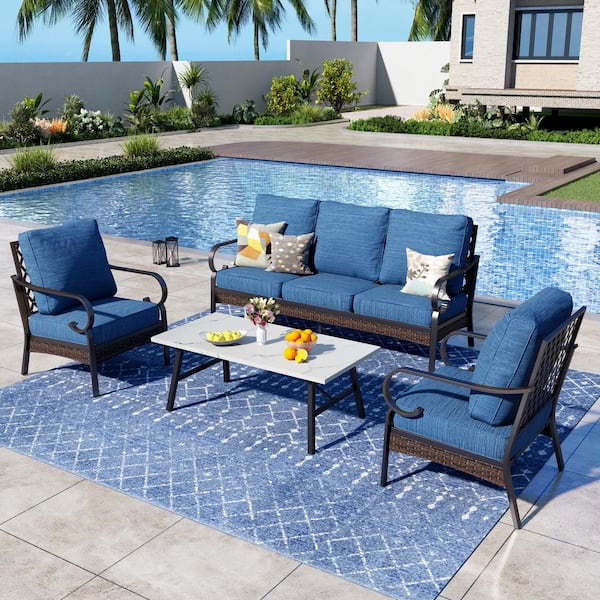 PHI VILLA 4-Piece Black Metal Outdoor Patio Conversation Sectional Seating Set with Marbling Coffee Table and Pacific Blue Cushion