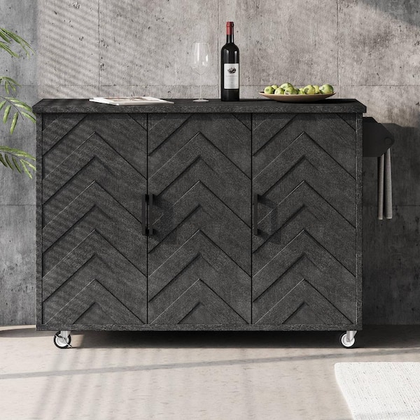 FAMYYT Wave Stripes Black Wood Drop Leaf Tabletop 51 in. Kitchen Island with Wheels and Solid Wood Feet