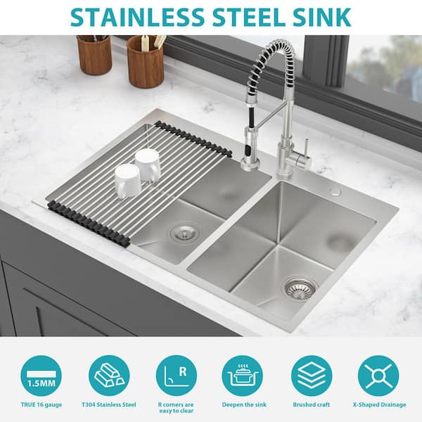 キッチンシンク NEW 33 in. Double Bowl (60/40) Drop-in Kitchen Sink, 16 Gauge