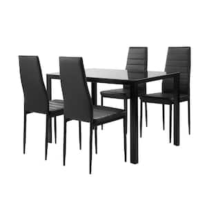5-Piece Kitchen Room Tempered Glass Top Black and 4 Black Faux Leather Chairs Set