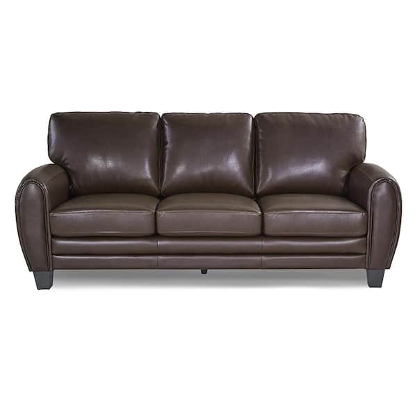 Lazzara Viggo 85 in. W Round Arm Faux Leather Rectangle Sofa in. Dark Brown