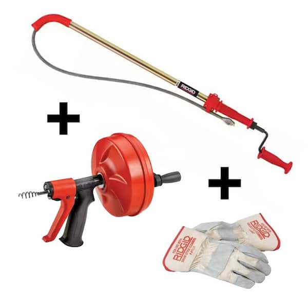 RIDGID Power Spin+ 1/4 in. x 25 ft. Hybrid Drain Cleaning Snake + K-6P Hybrid Toilet Auger + Drain Cleaning Gloves 3 Pc Bundle