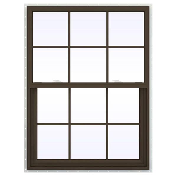 JELD-WEN 35.5 in. x 47.5 in. V-2500 Series Brown Painted Vinyl Single Hung Window with Colonial Grids/Grilles