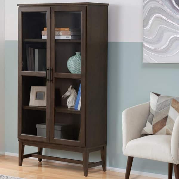 Home Decorators Collection 61 in. Smoke Brown Wood Adjustable 4-Shelf Standard Bookcase with Glass Door