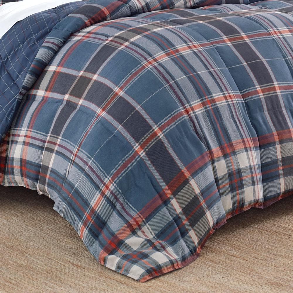Navy Plaid Microfiber Down Alternative Full Bedspread Set