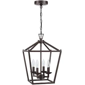 12 in. 4-Light Old Bronze Chandeliers Geometric Cage Lantern Pendant Light