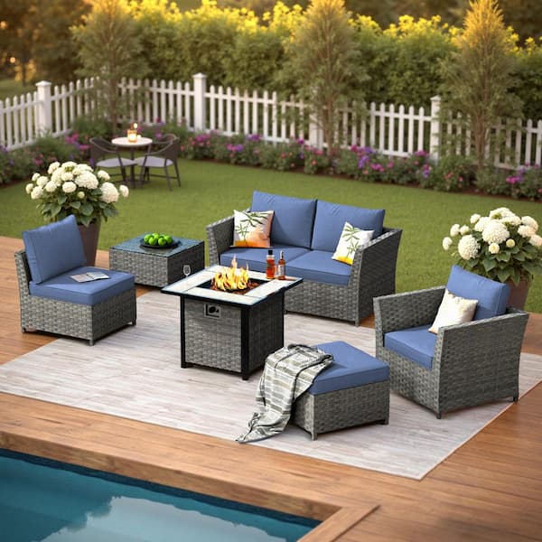 OVIOS Bexley Gray 7-Piece Wicker Fire Pit Patio Conversation Seating Set with Denim Blue Cushions