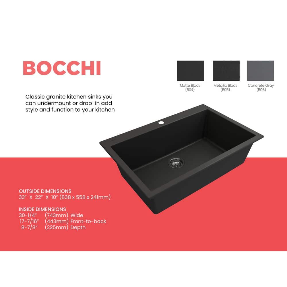 Matte Black Granite Single Bowl Drop-In Kitchen Sink