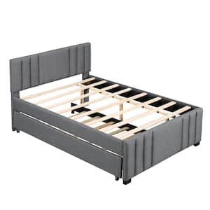 Gray 56.3 in. W Wood Frame Full Upholstered Platform Bed with Trundle Wood Kids Adult Trundle Bed with Solid Slats
