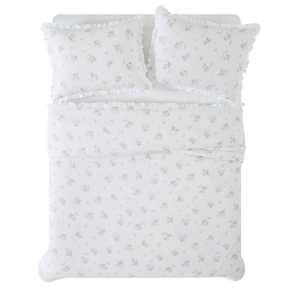 White and Pink Floral Cotton Twin Duvet Cover Set