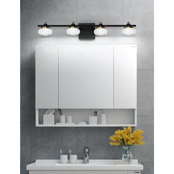 28 in. 4 Light Black and Gold LED Vanity Light Bar with Clear Acrylic Shade
