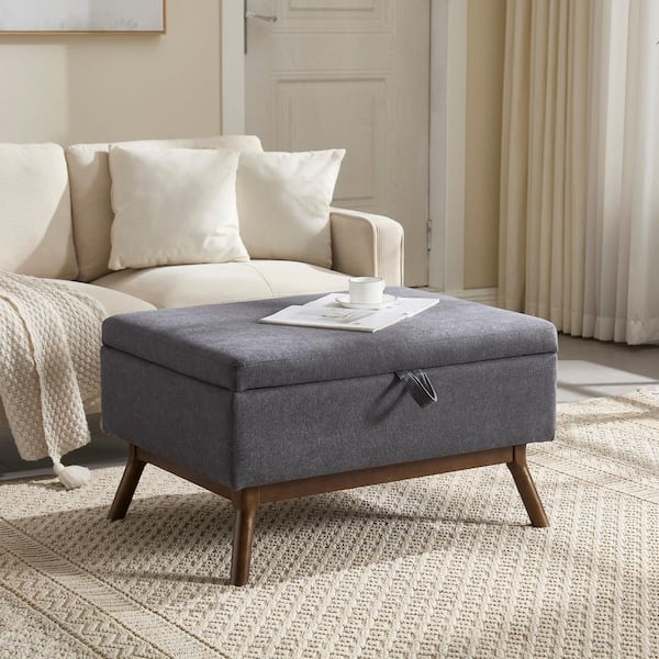 Divine Dark Grey 31.5 Linen Mid Century Modern Square Coffee Table Storage Ottoman