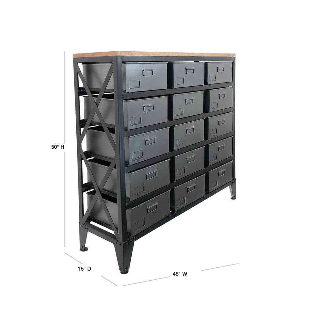 Gray Metal and Mango Wood Office Storage Cabinet with Bins