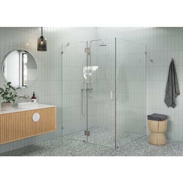 57 in. W x 45 in. D x 78 in. H Pivot Frameless Corner Shower Enclosure in Brushed Nickel Finish with Clear Glass
